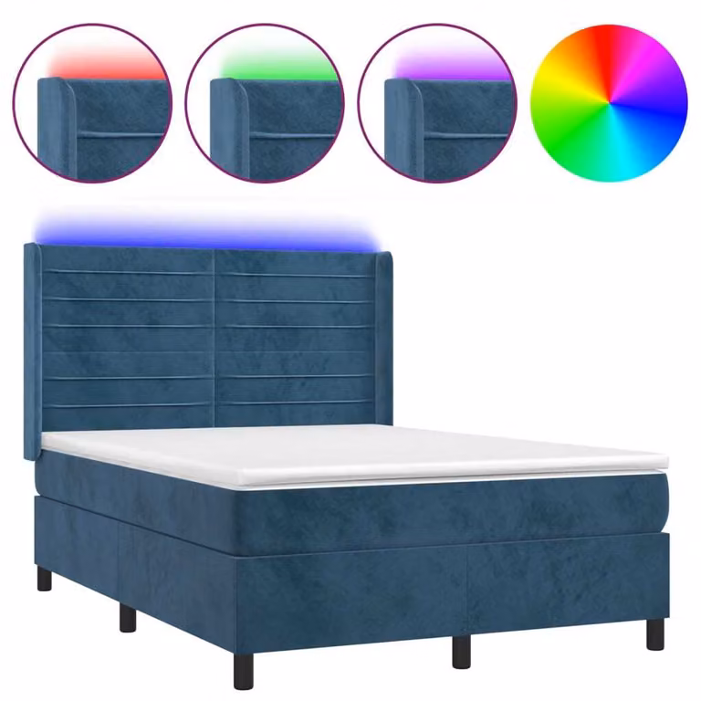 Letto a Molle con Materasso e LED Blu Scuro 140x190 cm