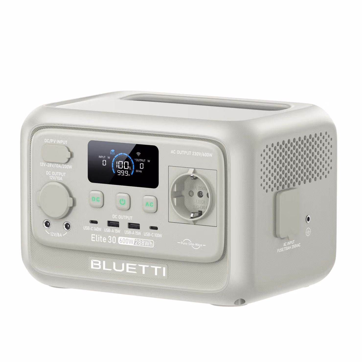 Stazione di ricarica portatile Elite 30 V2, batteria LFP da 288 Wh, uscita CA da 600 W, generatore solare per campeggio, blackout e camper (grigio sabbia chiaro)