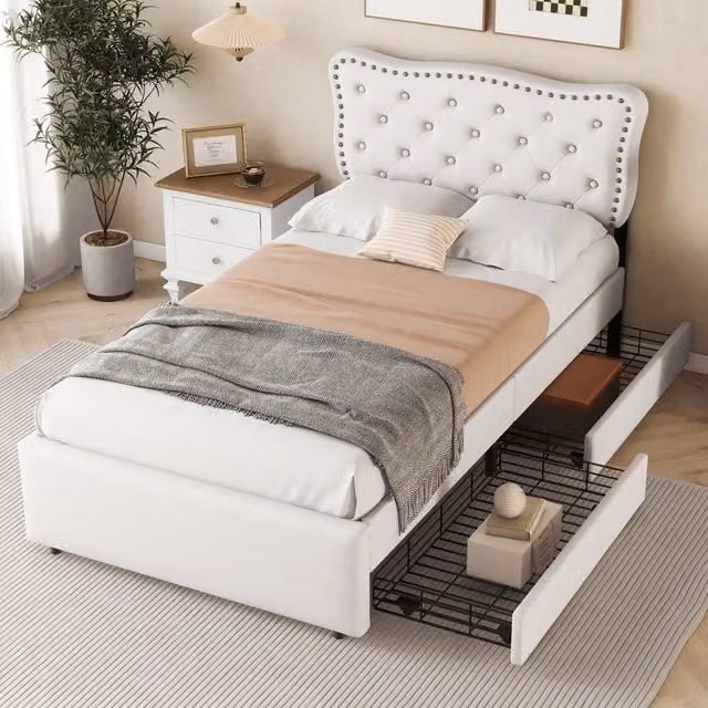 Letto singolo imbottito 90x200cm con 2 cassetti e testiera a borchie in beige chiaro