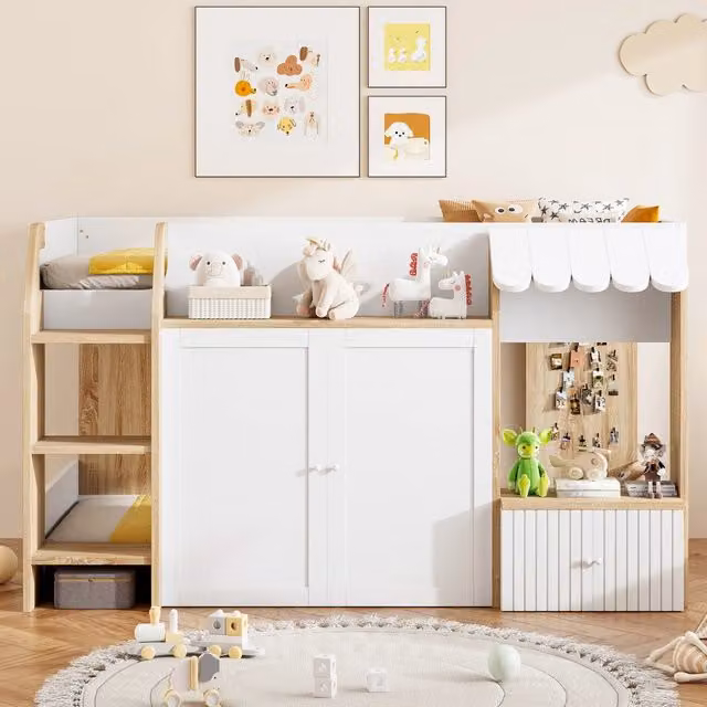 Letto a soppalco per bambini 90x200 con scala e spazio inferiore; bianco/naturale
