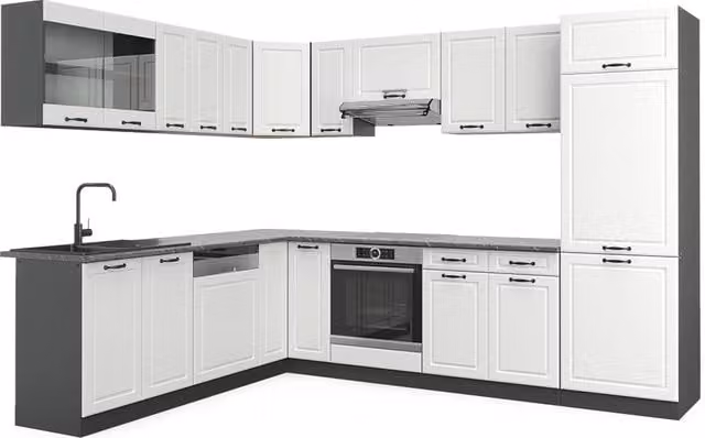 Cucina angolare completa R-Line Vicco in stile country house, Bianco rustico e Antracite, L/P/H: 287 x 227 x 60 cm – 1