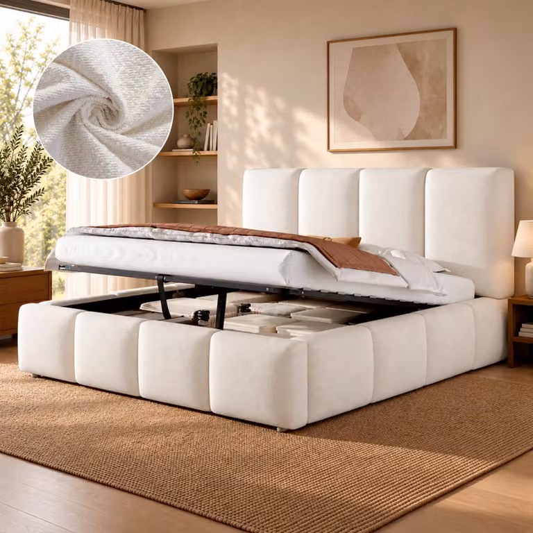 Letto imbottito 160 x 200 cm con rivestimento in tessuto bouclé e contenitore a sollevamento idraulico – Letto matrimoniale con motivo a righe verticali e rete a listelli, letto contenitore bianco