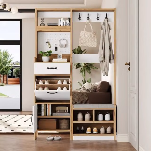 Mobile da ingresso FOLYNA con scarpiera a ribalta, panca imbottita, appendiabiti e cassetto, bianco e rovere, L: 108.5 cm, P: 35 cm, H: 180 cm