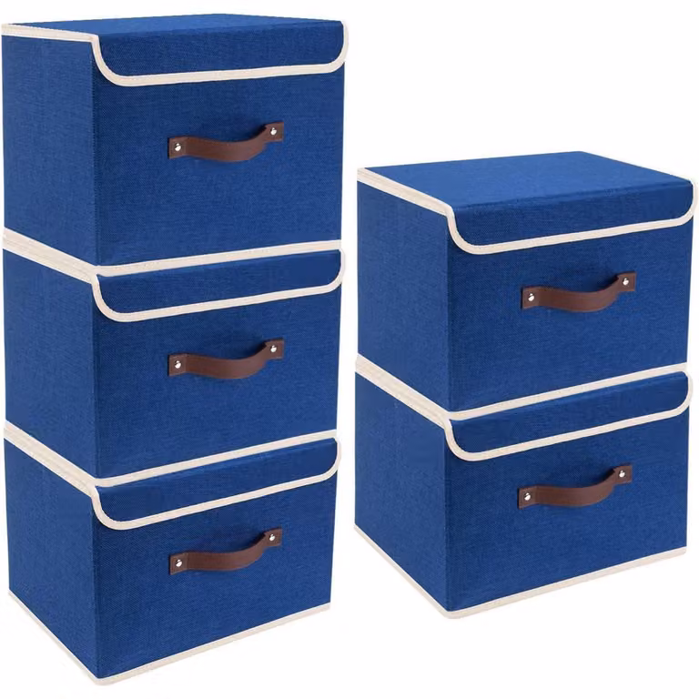 Contenitore pieghevole con coperchio, in tessuto, lavabile, dimensioni 38x25x25 cm, confezione da 5 pezzi, colore blu classico