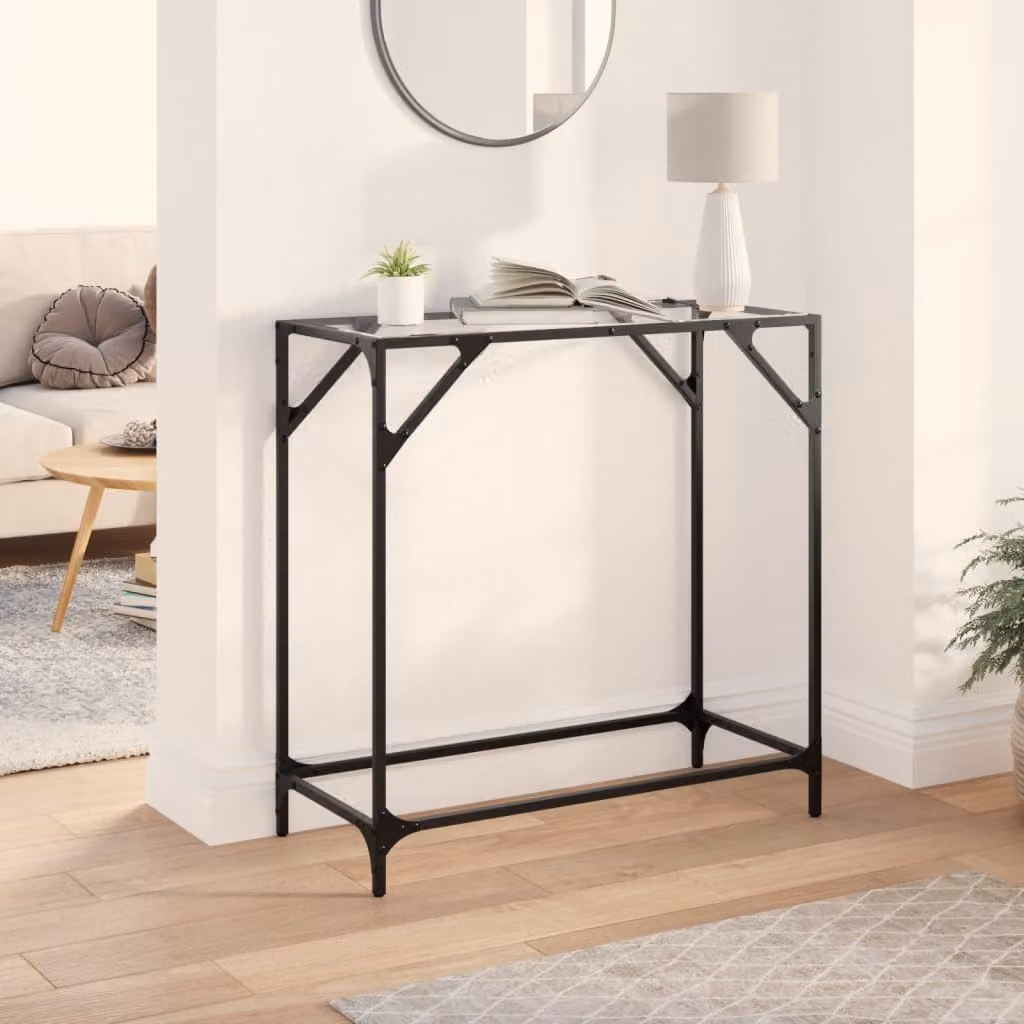 vidaXL Tavolino Consolle Moderno con Piano in Vetro Trasparente e Struttura in Metallo Nero L: 80 cm, P: 35 cm, H: 81 cm