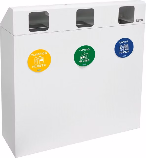 Pattumiera per Raccolta Differenziata 3 Scomparti 180 L 90x30x96 cm in Acciaio Verniciato Bianco