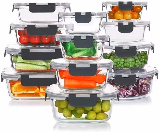 Set di 24 contenitori per alimenti KOMUEE in vetro trasparente con coperchi ermetici, senza BPA, adatti a microonde, congelatore e lavastoviglie