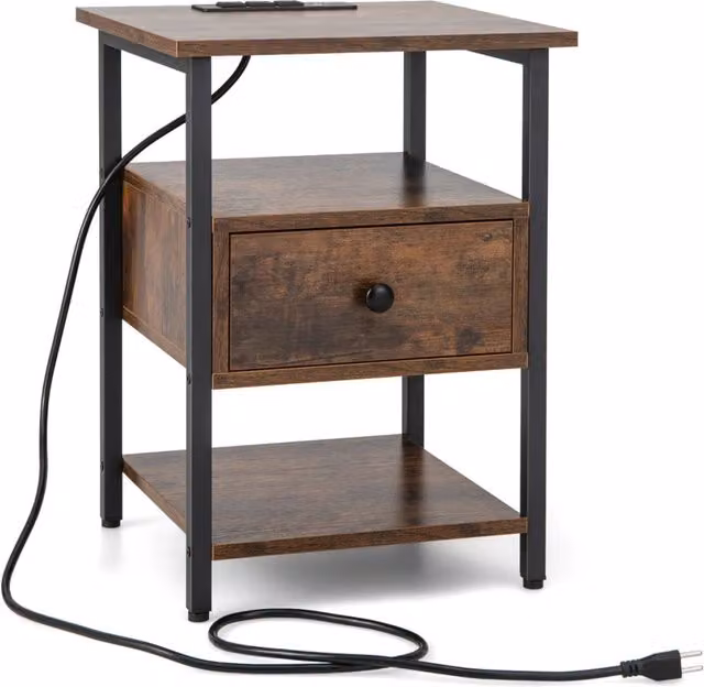 Set di 2 comodini in stile industriale con 3 ripiani, stazione di ricarica, cassetto e struttura in metallo e legno, colore Marrone
