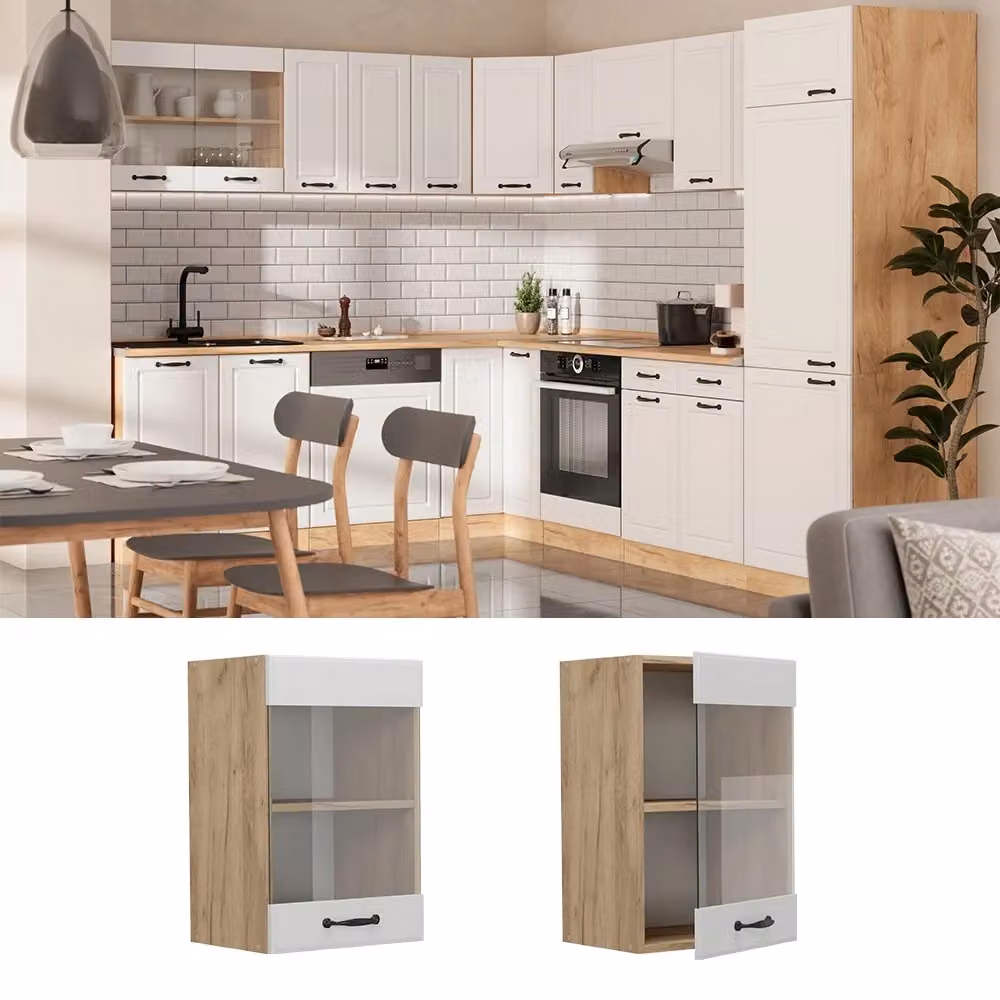 Mobile pensile da cucina Vicco R-Line con ante in vetro, Bianco rustico e Rovere dorato, L: 40 cm, H: 60 cm, P: 31 cm – 2