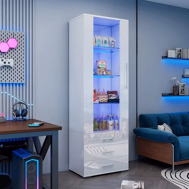 Vetrina bianca brillante con illuminazione LED - Xylo - 60x35x180cm - 3 cassetti