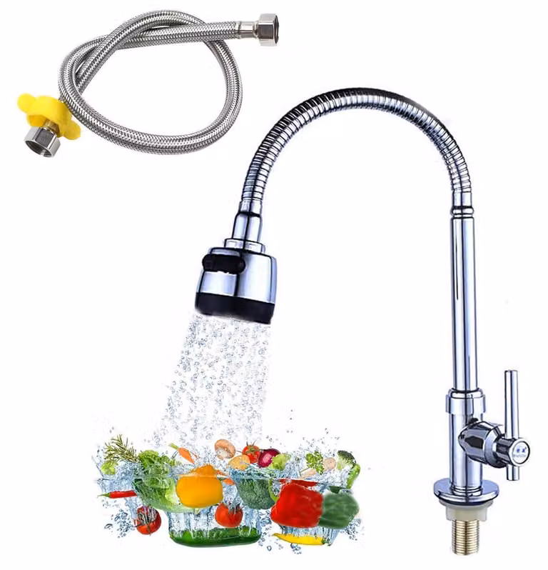 Rubinetto da cucina per acqua fredda, girevole a 360°, con tubo da 60 cm, realizzato in ABS, lega di zinco e acciaio inossidabile