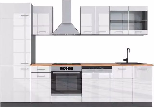 Cucina componibile moderna R-Line Vicco Bianco lucido e Antracite, L: 300 cm