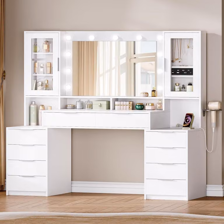 Comò da trucco da 150 cm con illuminazione a LED, presa multipla, 10 cassetti, bianco e argento