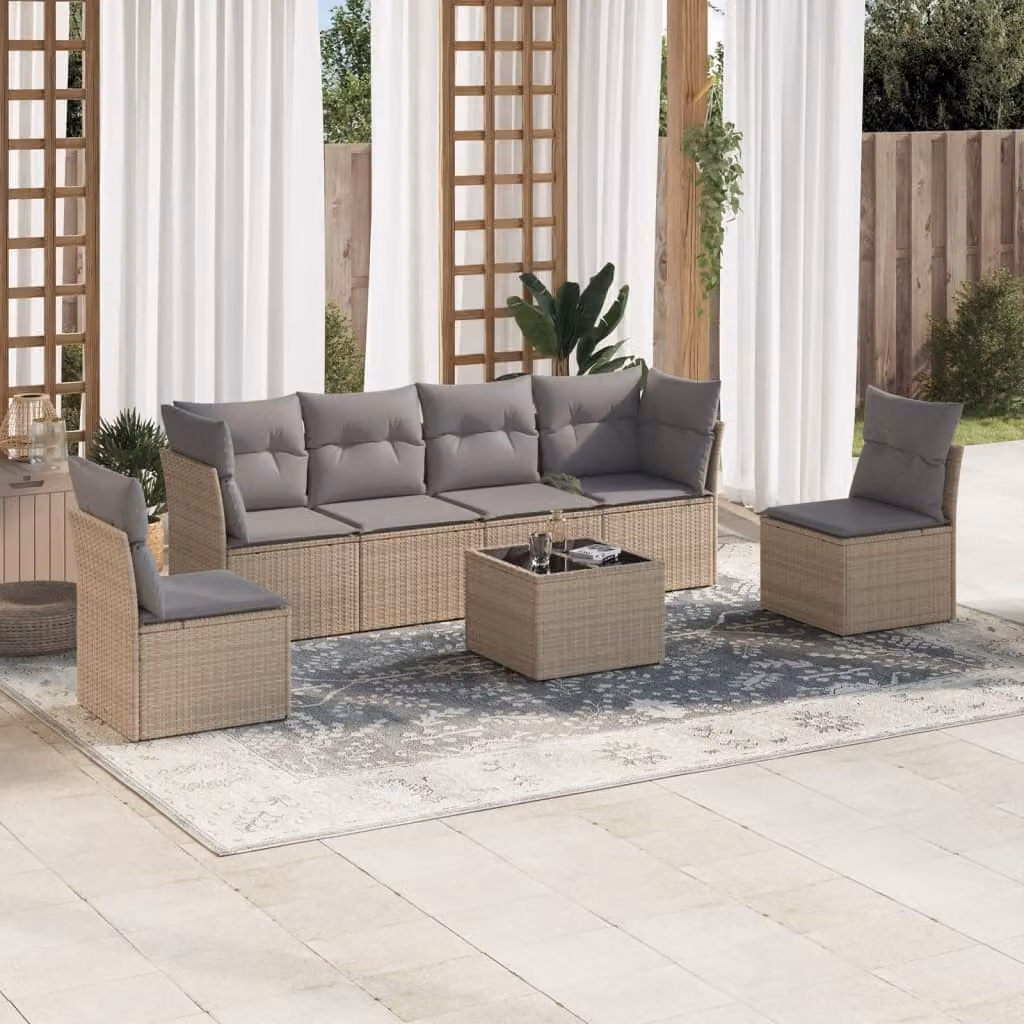 Set Divani da Giardino vidaXL 7 Pezzi con Tavolino e Cuscini Beige e Grigio in Polyrattan e Acciaio