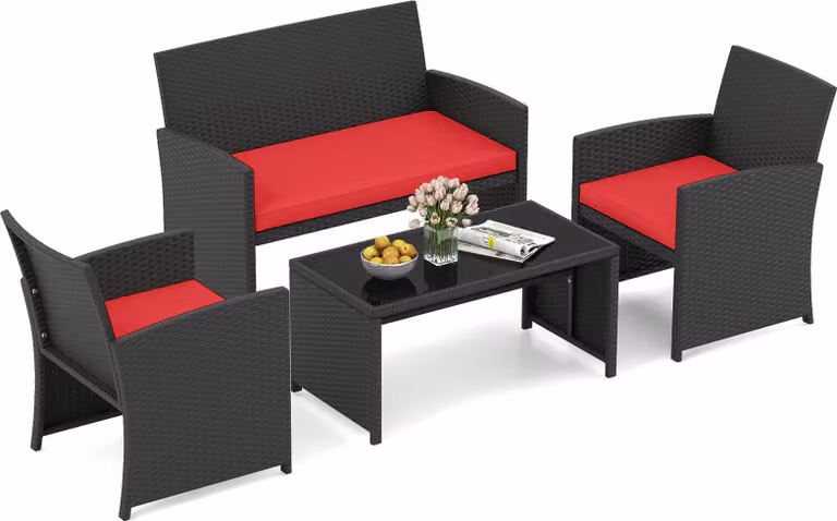 Set di mobili da giardino in polyrattan COSTWAY, mobili da esterno, set composto da 2 sedie, panca, tavolo e cuscini, mobili da terrazza, set da giardino rosso