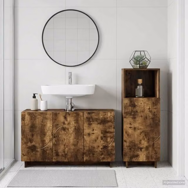 Set mobili da bagno 2 pz Rovere Fumo Legno ingegnerizzato 3433078