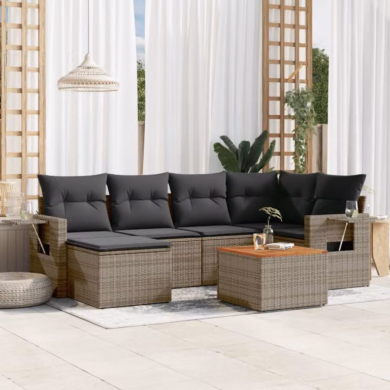 vidaXL Set Divani da Giardino 7 pz a Forma di L in Polyrattan Grigio con Cuscini e Tavolino