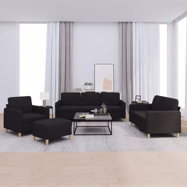 Set di divani moderno vidaXL in tessuto nero composto da divano a 3 posti, divano a 2 posti, pouf e cuscini decorativi