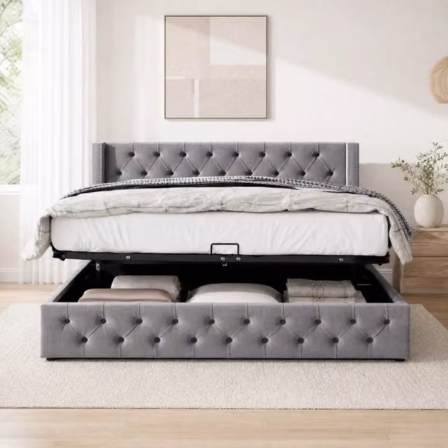 Letto matrimoniale imbottito 160 × 200 cm con contenitore idraulico e rete a doghe in velluto grigio con testiera alta