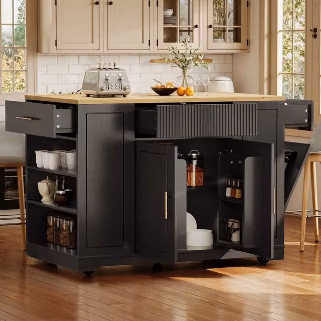 Carrello da cucina con vano pattumiera, 2 ante, 3 cassetti, ripiani regolabili e ruote, nero, 120 × 50 × 92 cm