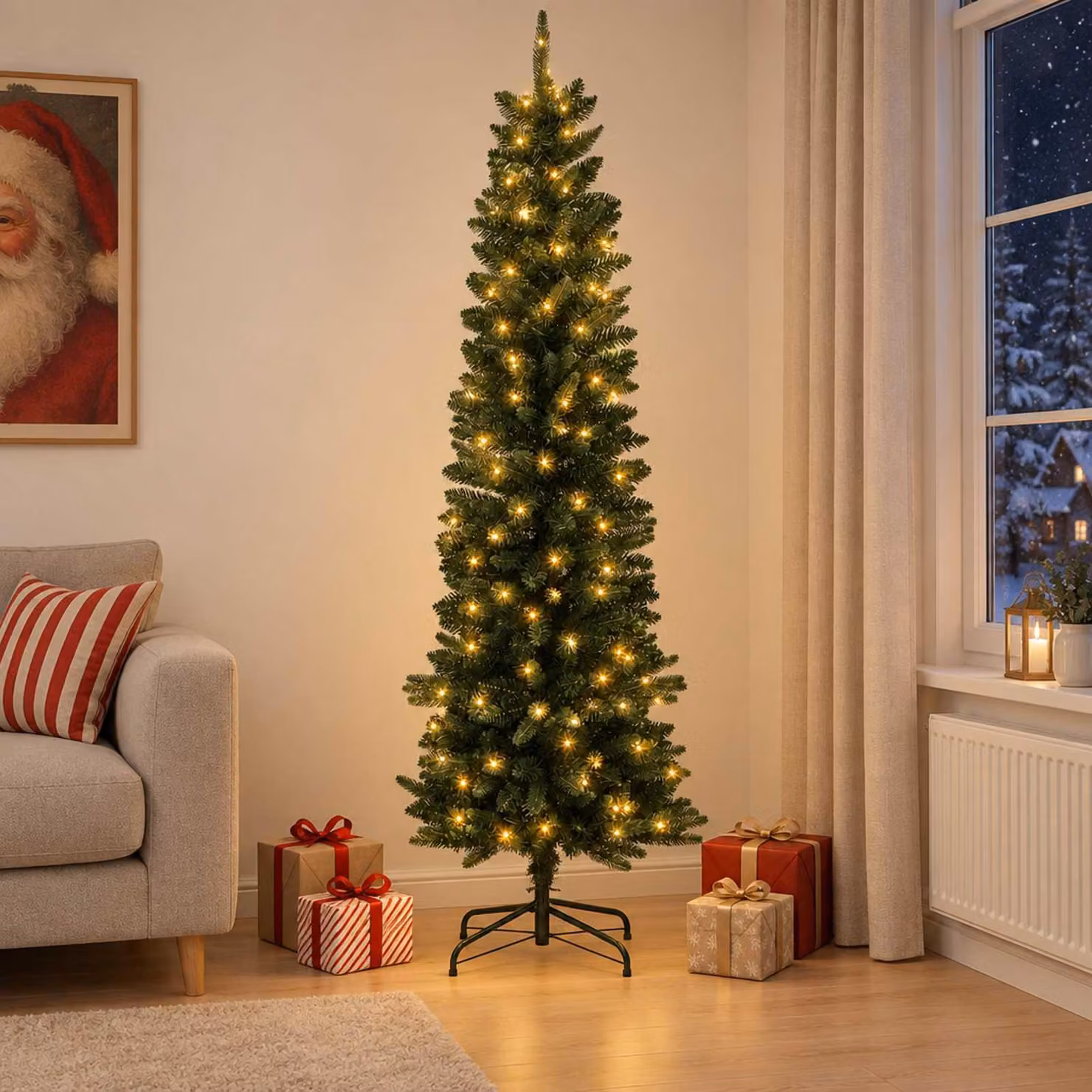 Albero di Natale artificiale, design sottile, altezza 210 cm, 300 luci LED