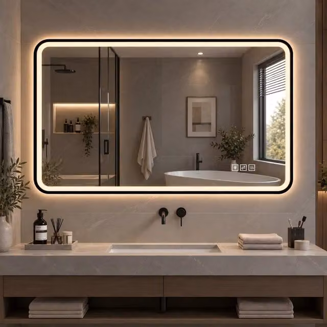 Specchio da bagno a LED 60x100 cm; cornice in alluminio nero; luce frontale e retroilluminazione; antiappannamento; 3 colori dimmerabili