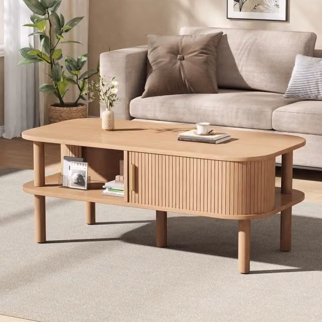 Tavolino da Salotto 110x55x45 cm in MDF Colore Legno, con Ante a Rullo e Scomparti Aperti, Portata 60 kg, Stile Scandinavo