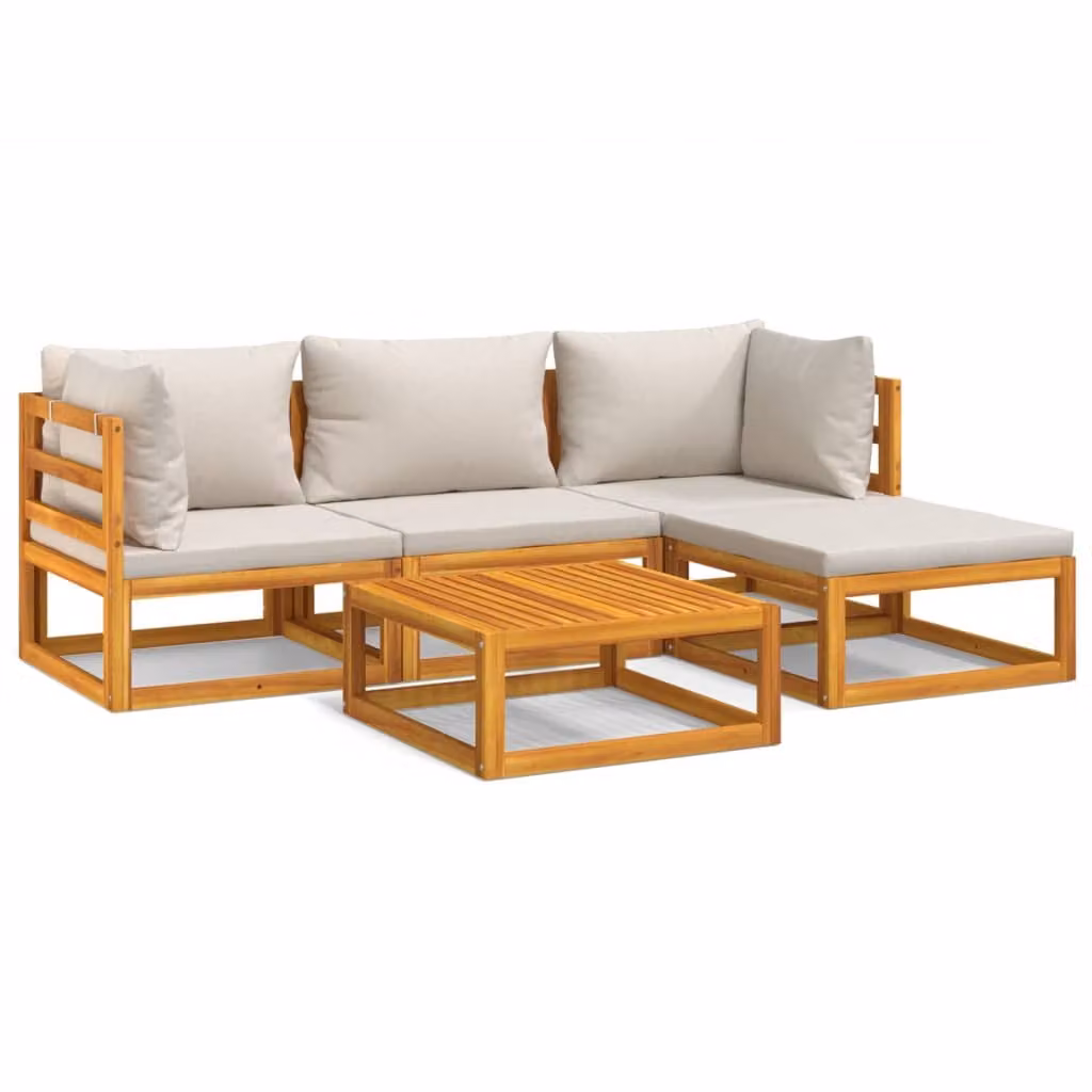 Set Salotto Giardino 5pz Cuscini Grigio Chiaro Legno Massello