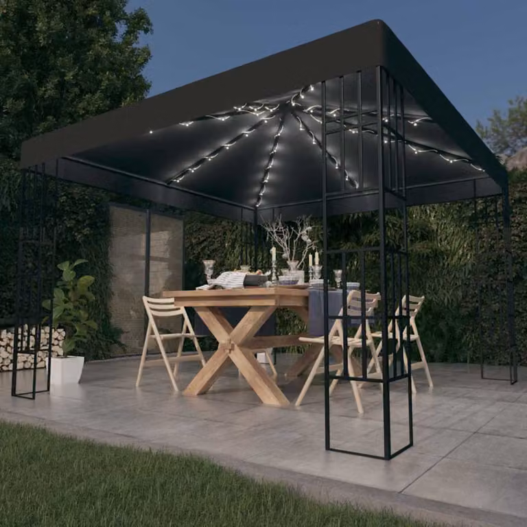 vidaXL Gazebo moderno con stringa di luci LED in acciaio e poliestere, colore antracite, L: 300 cm, P: 300 cm, H: 260 cm
