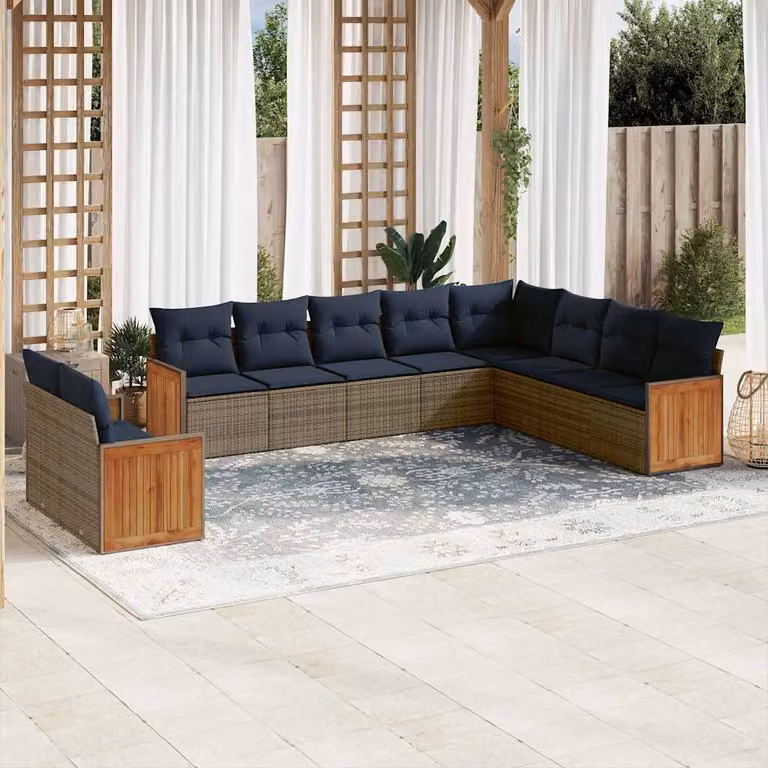 Set di divani da giardino vidaXL in rattan e legno di acacia con cuscini grigi e blu, design moderno a forma di L per esterno