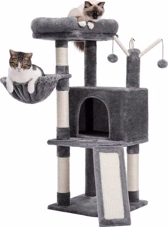 Albero per gatti - Realizzato in sisal - Con amaca - Con giocattolo da graffiare - Delicato sulla pelle - 80 cm - Grigio