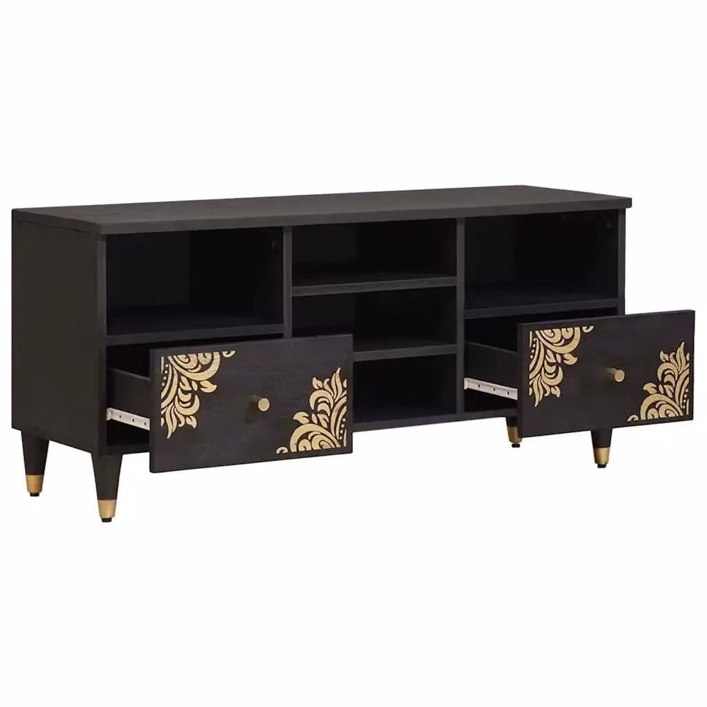 Mobile TV e Credenza moderna vidaXL in legno di mango massello, Nero e Oro, L 100 x P 33 x H 46 cm – 2