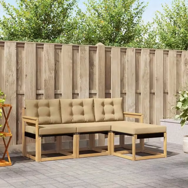 Set di divani da esterno a L vidaXL in legno di acacia con pouf e cuscini, Bianco e Beige – 1