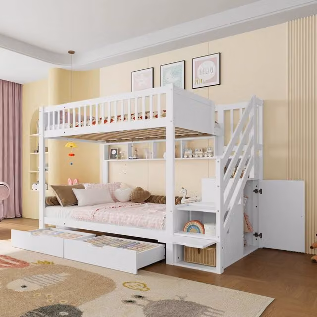 Letto a castello per bambini 90x200 cm senza materasso, con cassetto, ripiano, armadio, vano contenitore - Bianco