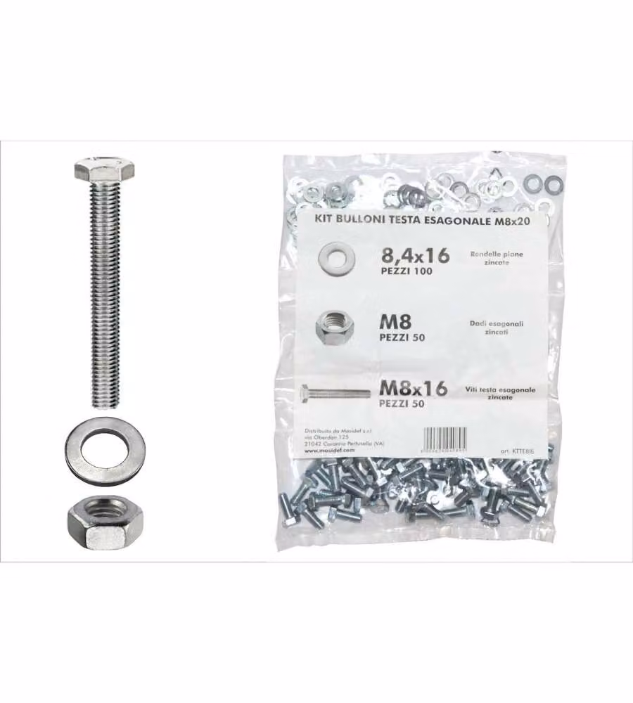 Kit viti testa esagonale M8 x 16 + dadi + rondelle - 200 pz.