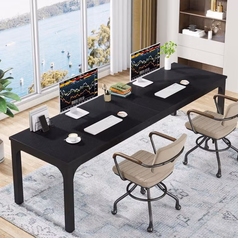 Scrivania/Tavolo per computer, dimensioni 200 x 70 x 75 cm, tavolo lungo a due postazioni, colore nero