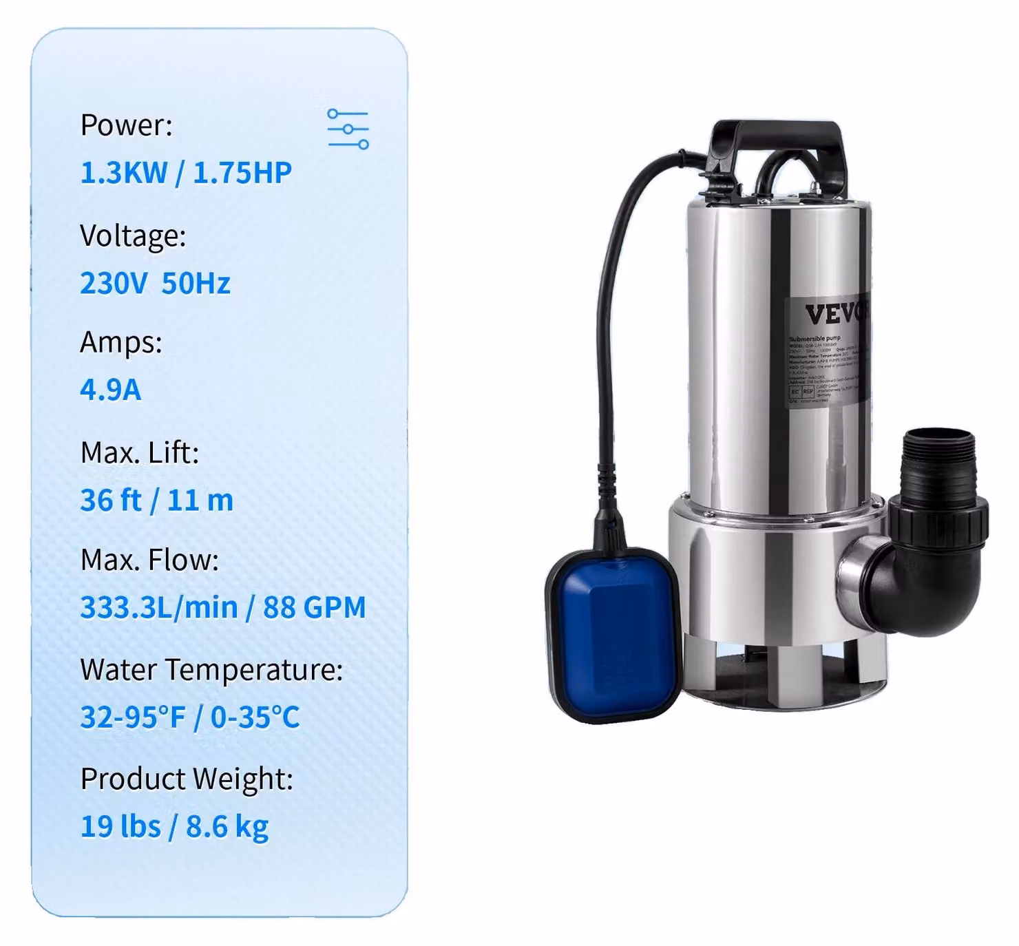 Pompa per acque reflue, prevalenza massima 7,6 m, protezione IPX8, 1300 W / 1,75 HP, UE