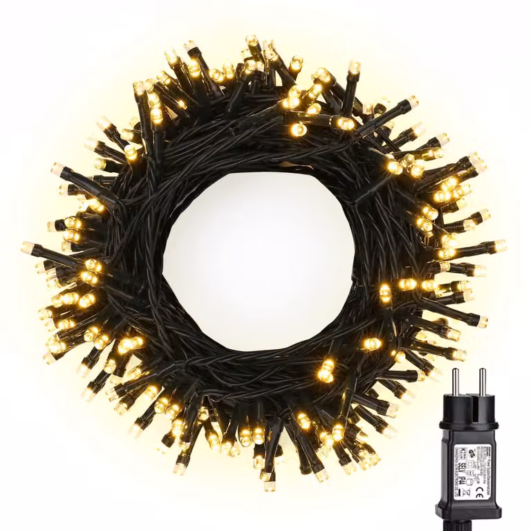 Catena luminosa a LED, 200 LED, luce bianco caldo, 20 metri, 8 modalità, grado di protezione IP44, adatta per interni ed esterni