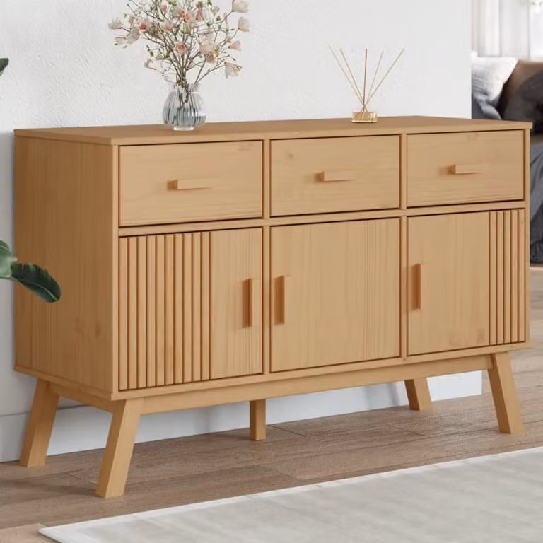 Credenza OLDEN vidaXL in legno massello di pino cerato, Marrone, L 114 x P 43 x H 73,5 cm