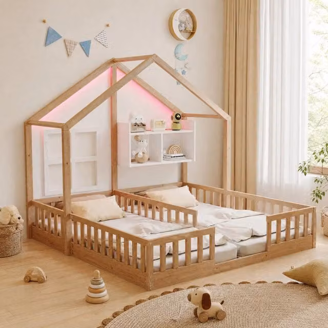 Letto per bambini doppio 90x200 cm; design casetta con LED; sponde di sicurezza; ripiani; naturale