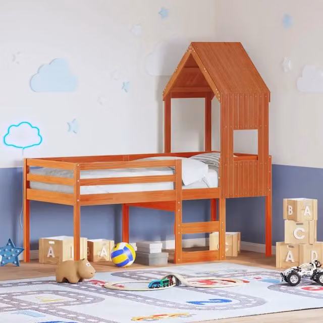 Letto singolo | Letto per adulti | Letto a Soppalco con Tetto Cera 90x190cm Legno Massello di Pino