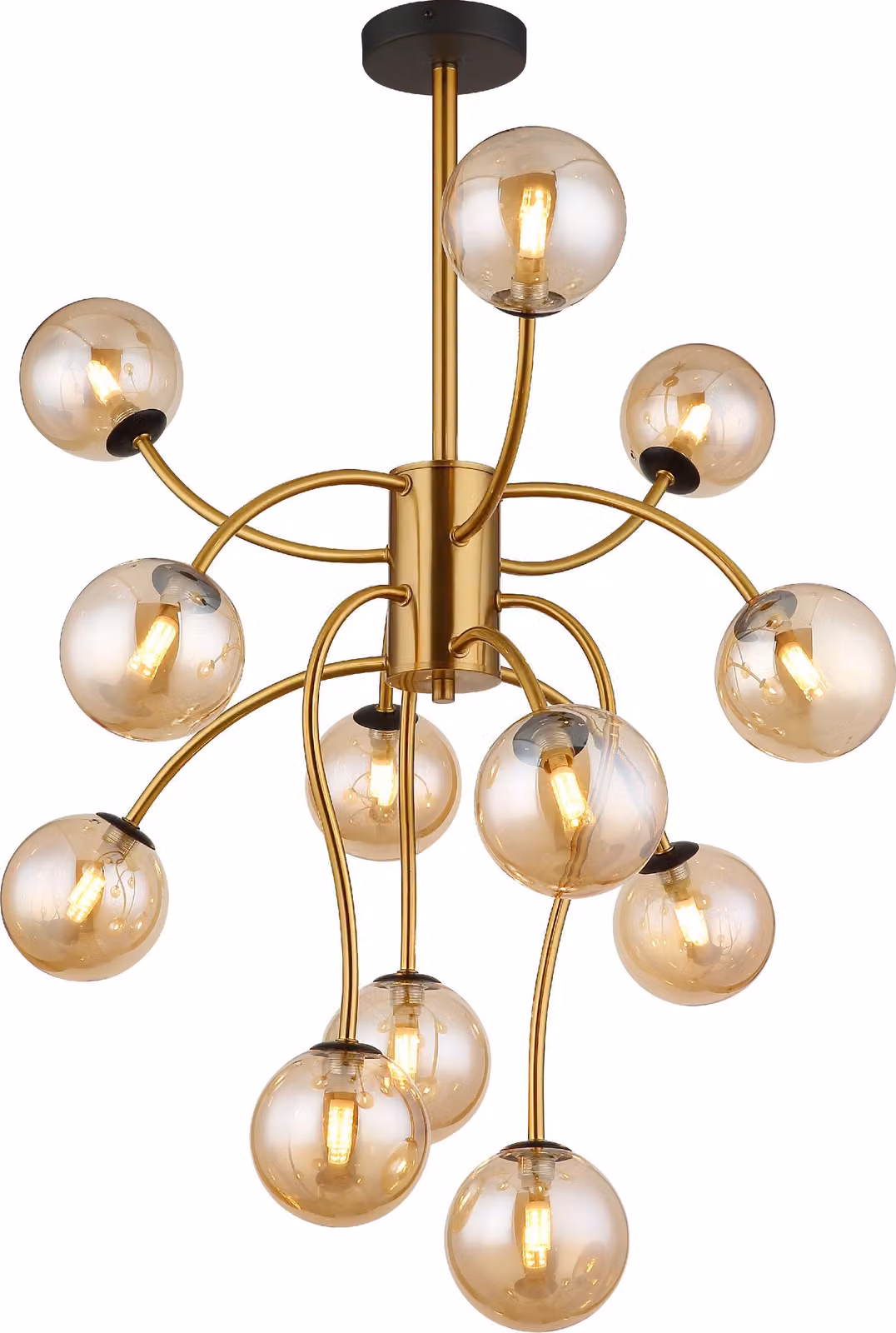 Plafoniera LED, globi in vetro ambrato, 12 fiamme, H 93 cm