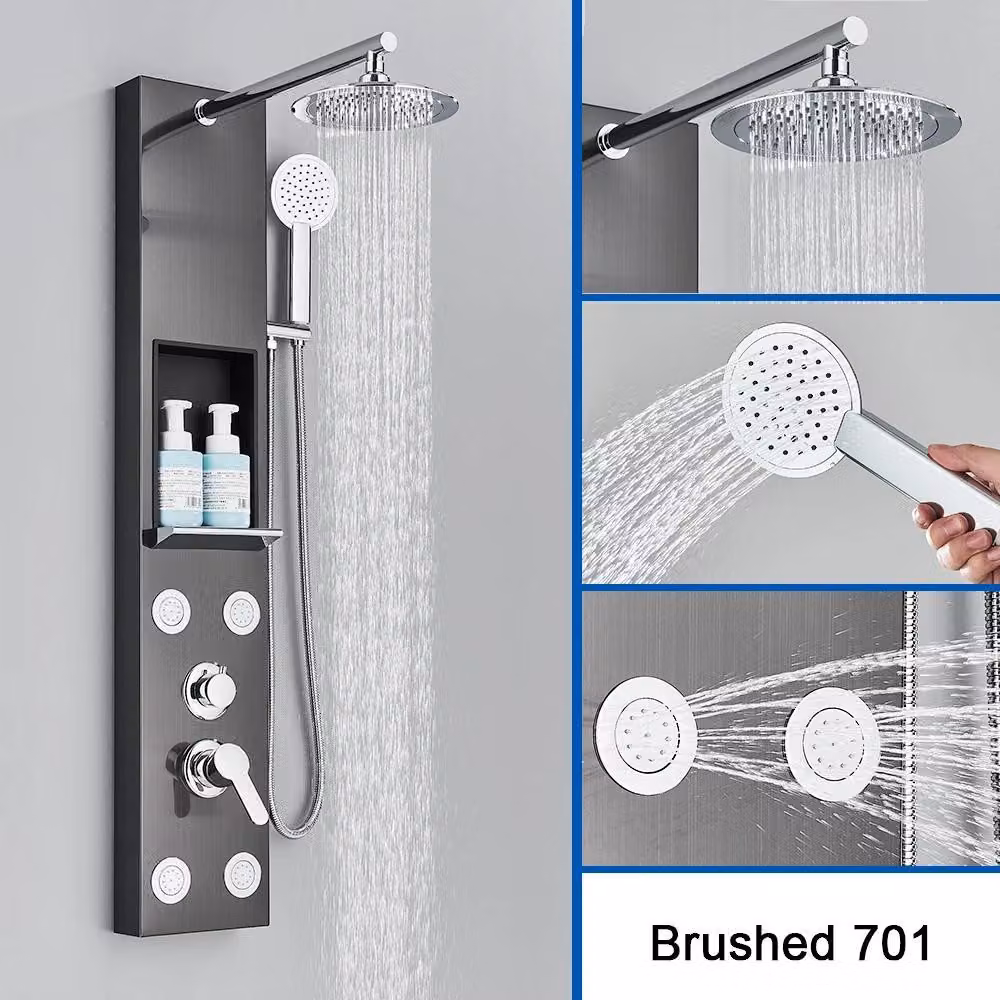 Pannello doccia - Colonna doccia con soffione a pioggia e a cascata - Display LED con illuminazione blu - Getto massaggio - Montaggio a parete - Miscelatore monocomando - Nero 7001