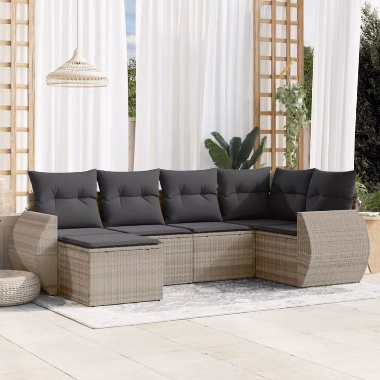 vidaXL Set Divano da Giardino a L in Polyrattan con Cuscini Grigio Chiaro e Struttura in Metallo, 6 Pezzi