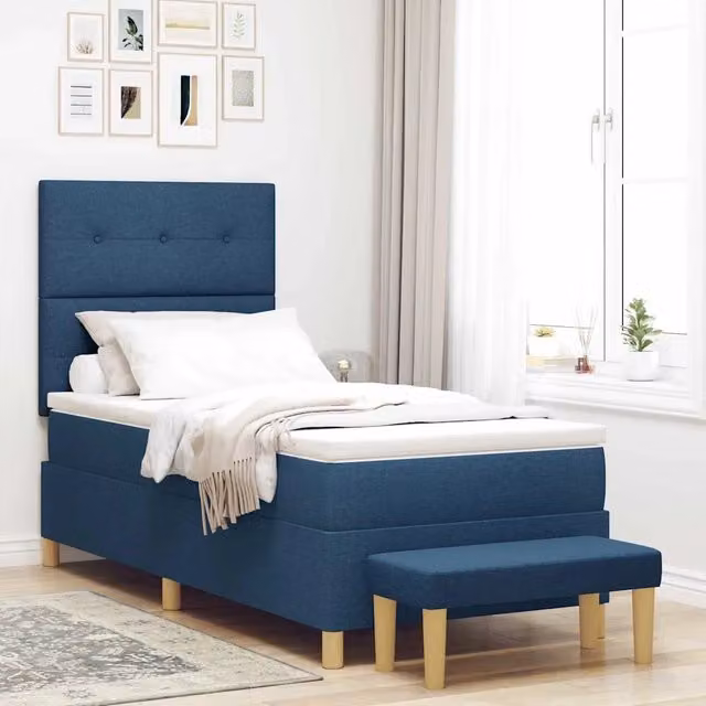 Letto a molle con testiera blu vidaXL in tessuto e legno L: 200 cm, P: 90 cm, H: 128 cm
