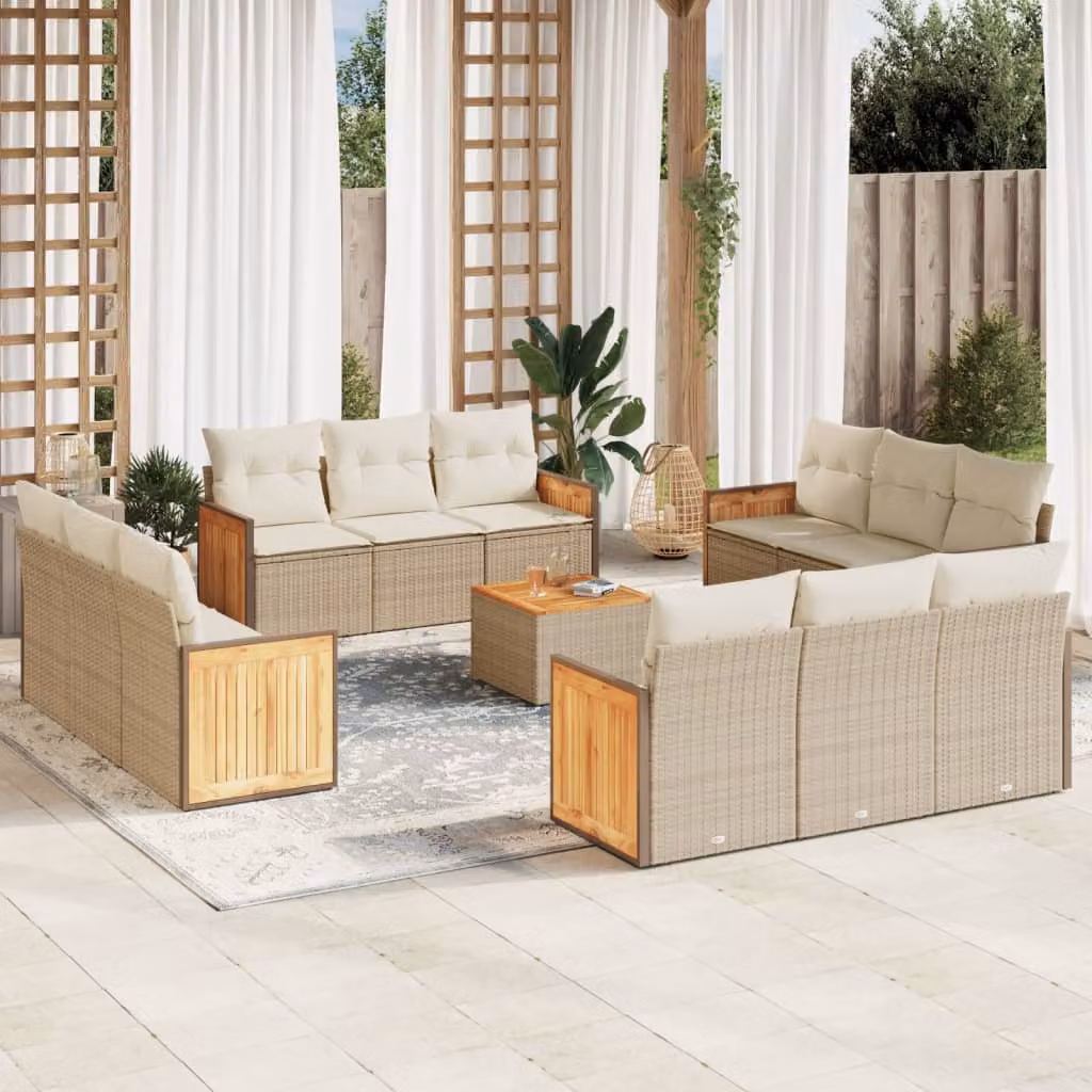 vidaXL Set Divano da Giardino 13 pz in Polyrattan con Cuscini Beige e Tavolino da Caffè – 1