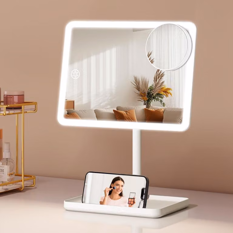 Specchio da trucco con illuminazione, ingrandimento 10x, fronte-retro, ricaricabile, bianco