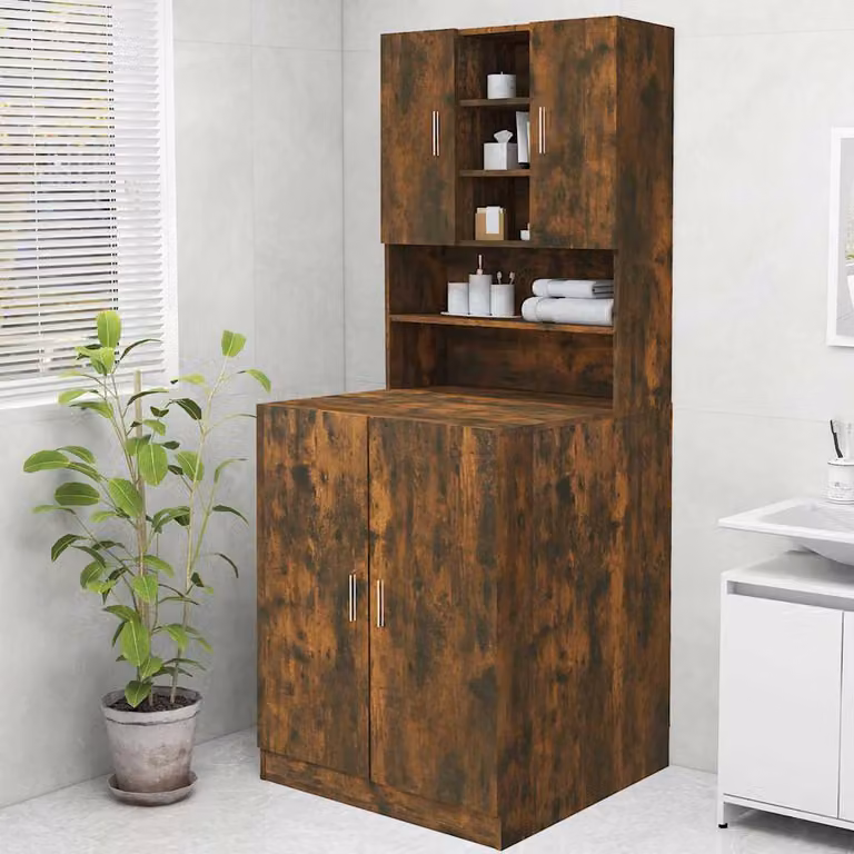Mobile per lavatrice vidaXL in legno Rovere Fumo con ante a battente e ripiani interni, L: 70,5 cm, P: 25,5 cm, H: 90 cm