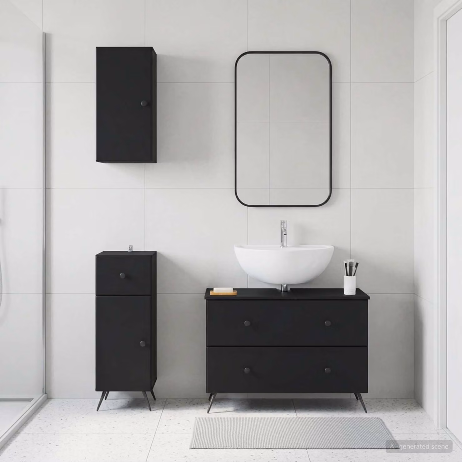 Set di armadietti da bagno 3 pezzi vidaXL BREDA nero opaco con mobile lavabo e pensili a parete