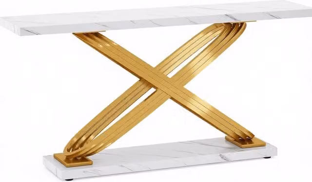 Tavolo Consolle REDOM in Marmo Artificiale Bianco e Metallo Oro per Soggiorno e Ingresso – 1